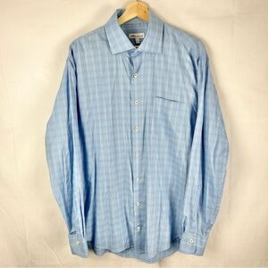 PETER MILLAR Blue Checked Performance Button Down Shirt Large Golf Relaxed Sport